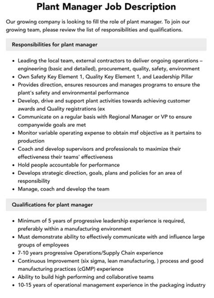 Plant Manager Job Description PDF – Full Role & Responsibilities