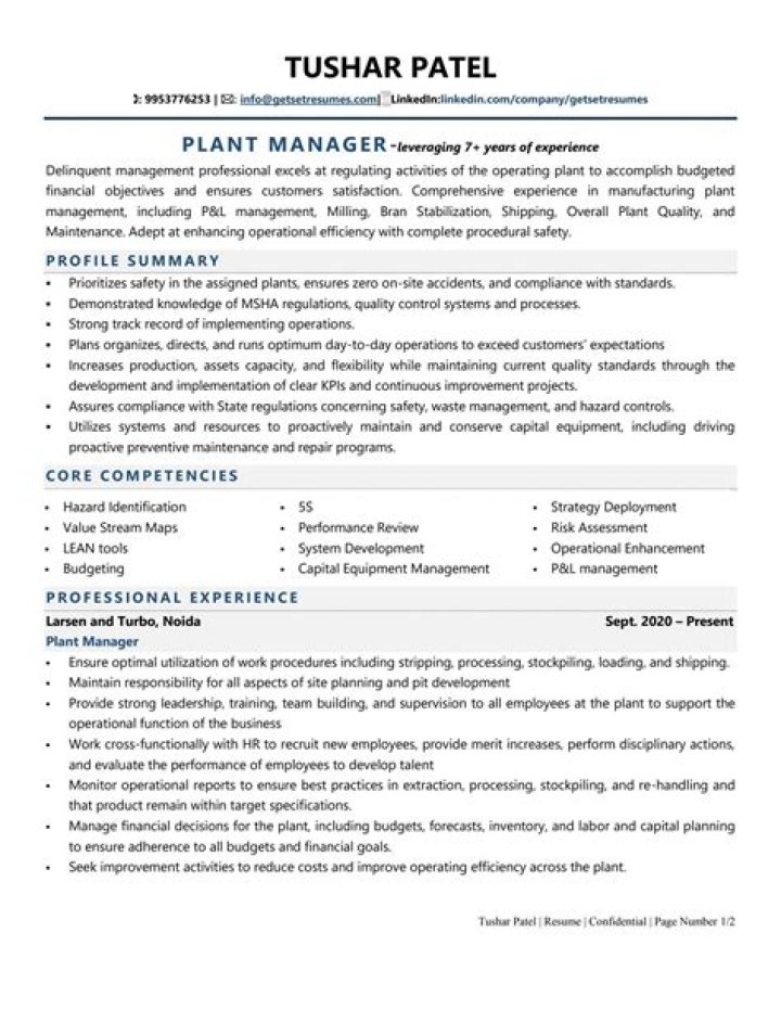 Plant Manager Resume PDF: Professional Plant Operations Expert for Hiring