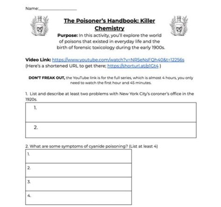 Poisoner's Handbook Worksheet PDF Answers Guide