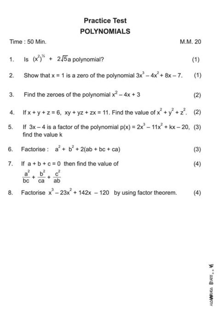 Class 9 Polynomials Test Papers with Answers PDF - Instant Download