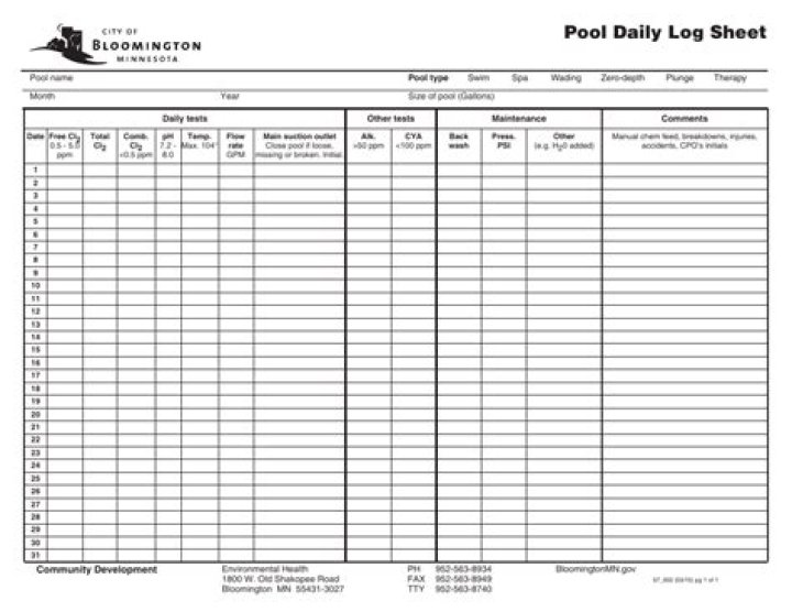Download Free Pool Log Sheet PDF for Accurate Tracking
