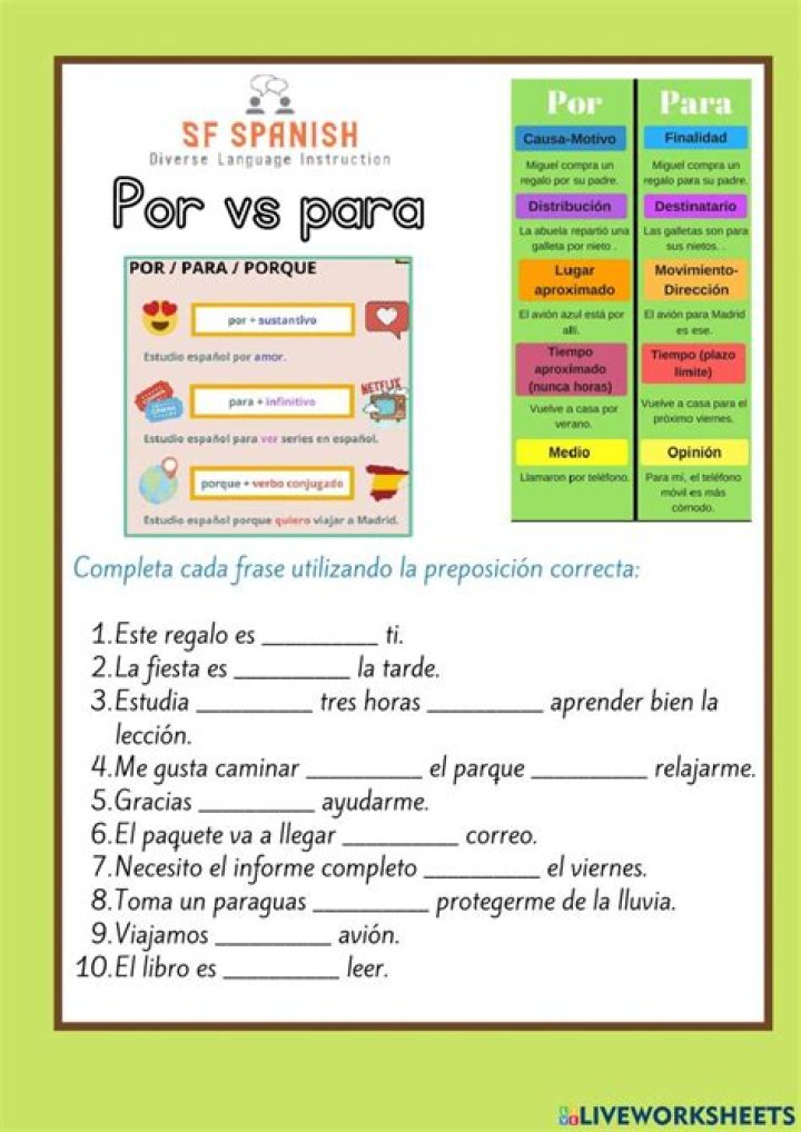 Por Y Para Worksheet PDF Gratis: Descargas Fáciles y Actividades Educativas