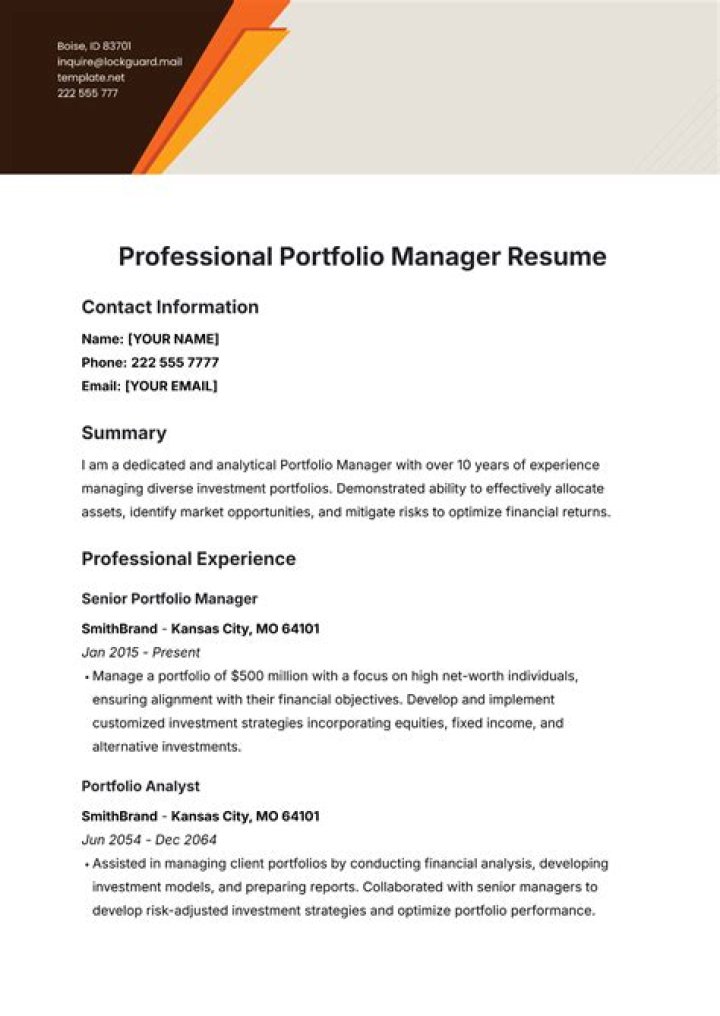 Portfolio Manager Resume PDF for Hiring Managers
