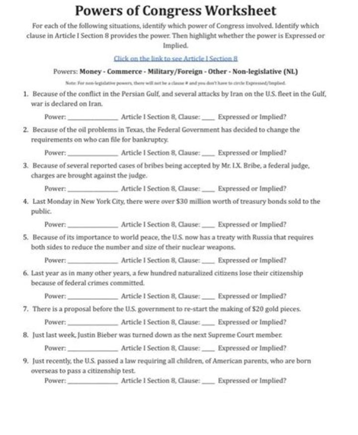 Powers of Congress Worksheet PDF: Lesson & Worksheet for Civics Education