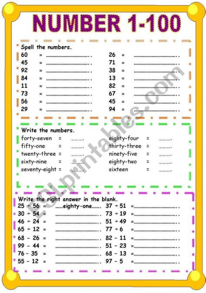 Free PDF Worksheets to Practice Writing Numbers 1 to 100