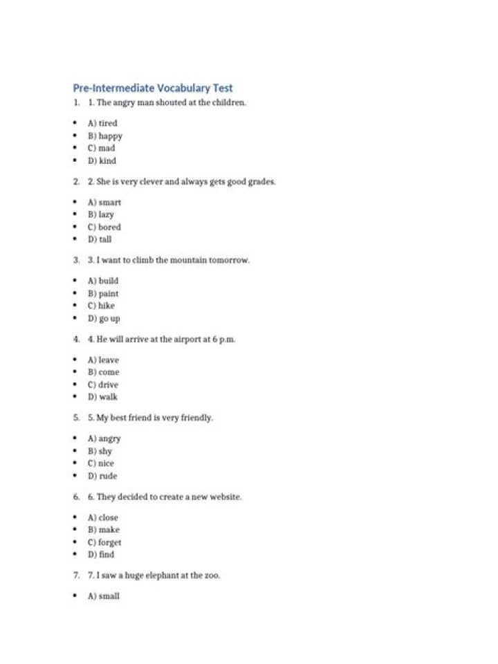 Pre-Intermediate Vocabulary Test PDF – Practice & Improve Your English