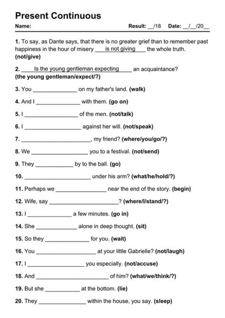 Present Continuous Exercises Worksheets PDF for Free Download