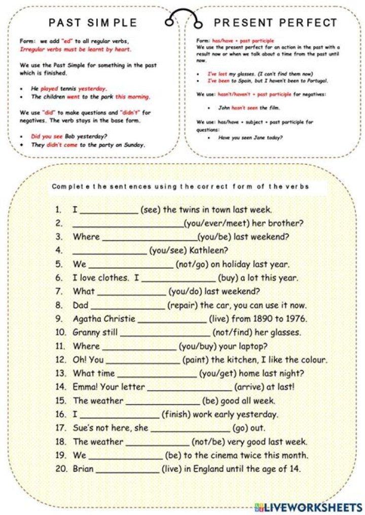 Free Present Perfect and Past Simple Worksheets PDF for Instant Practice