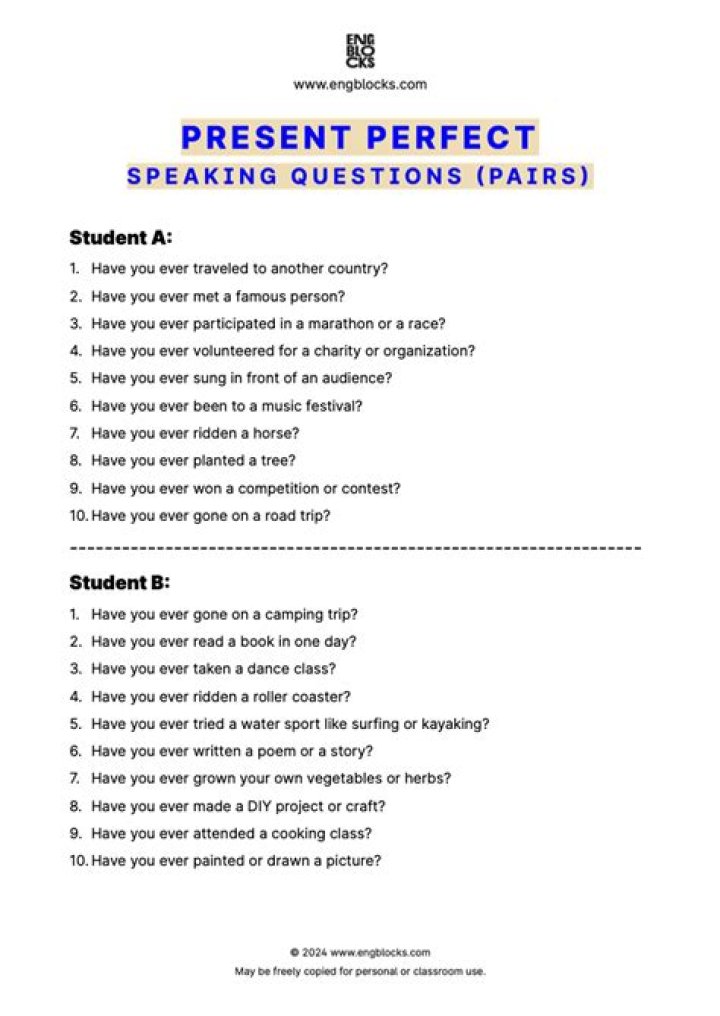 Download Free Present Perfect Conversation Questions PDF