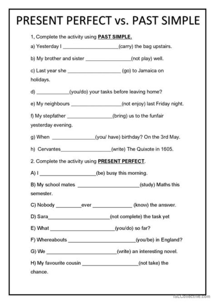 Present Perfect vs Past Simple Worksheet PDF: Perfect for ESL Students