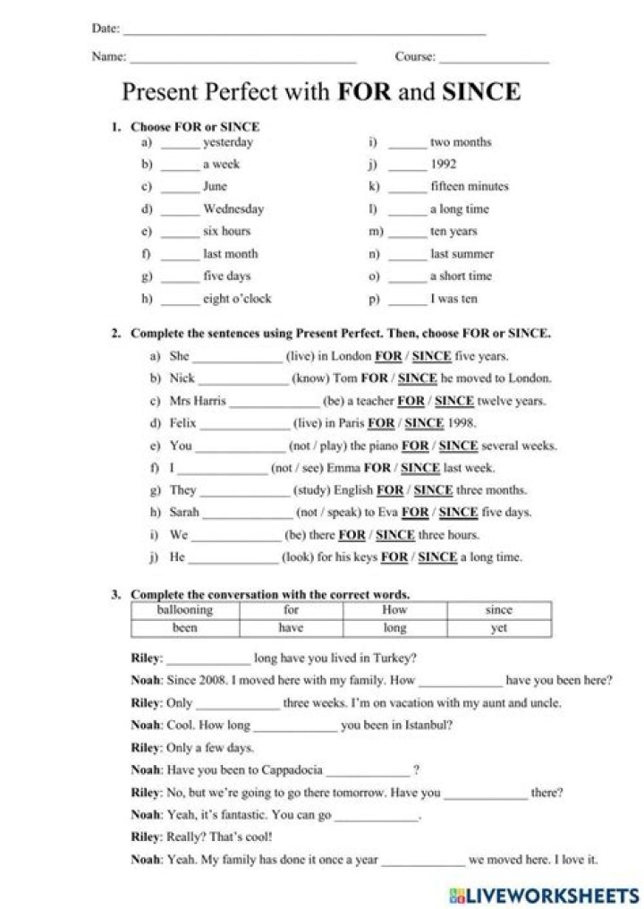 Free Present Perfect With For and Since Worksheets PDF for ESL Learners