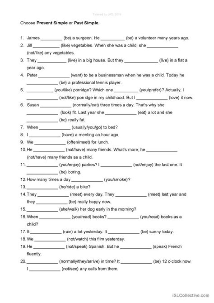 Present Simple vs Past Simple Exercises PDF with Answers