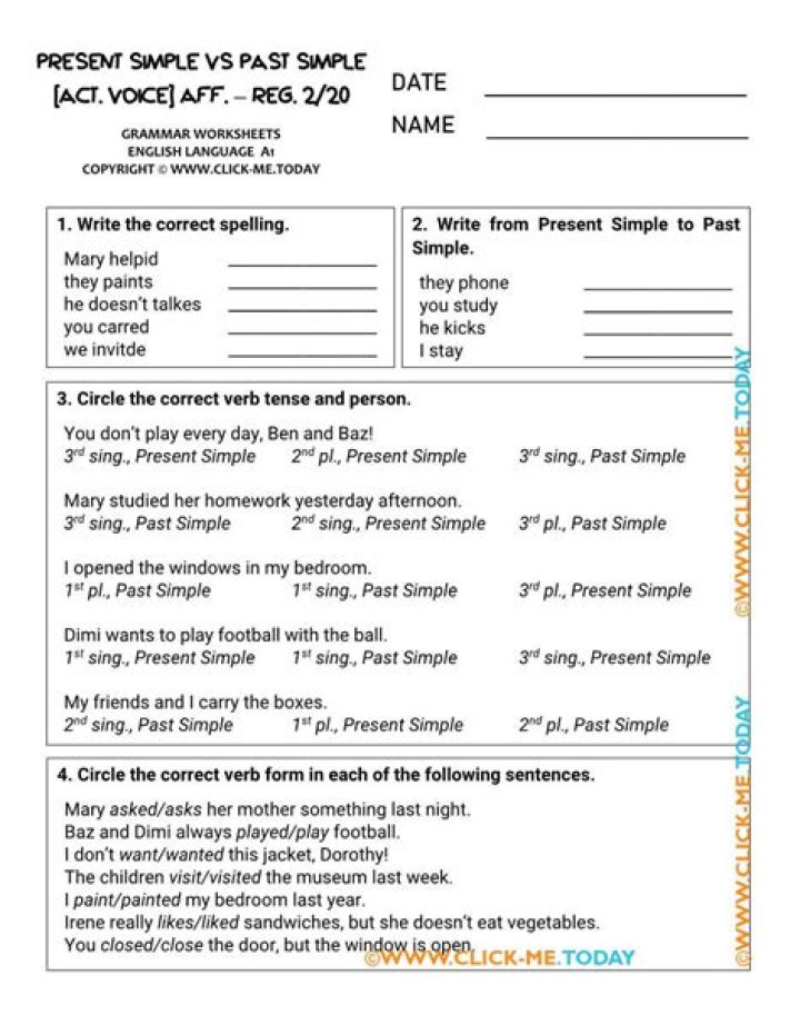 Present Simple vs Past Simple Worksheet PDF for ESL Students