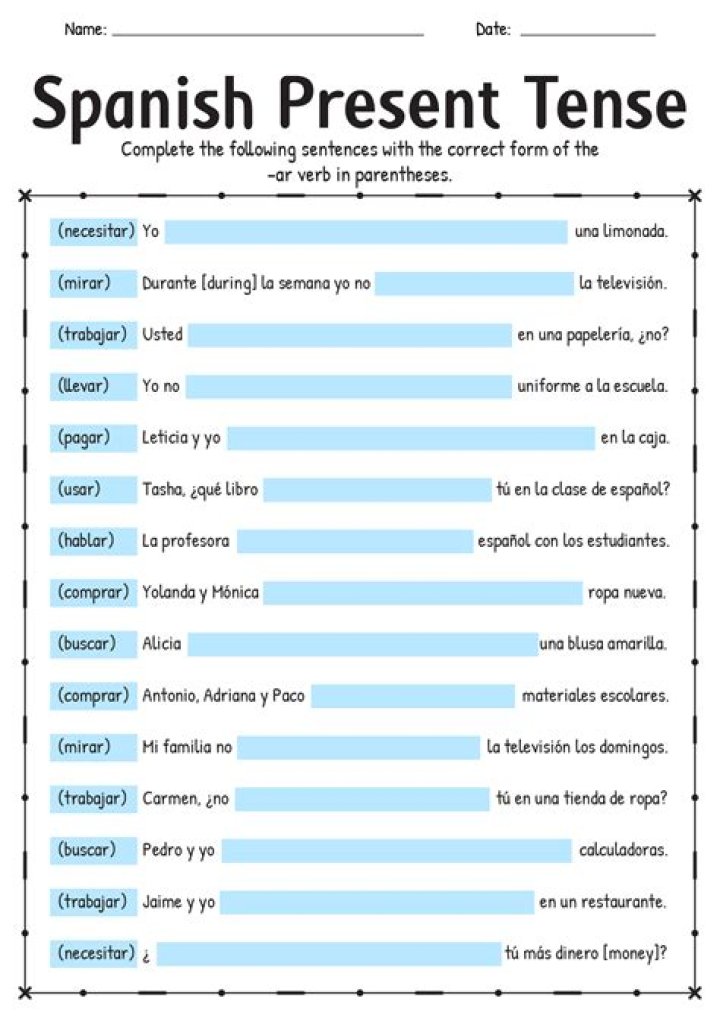 Present Tense Spanish Worksheet PDF – Instant Download