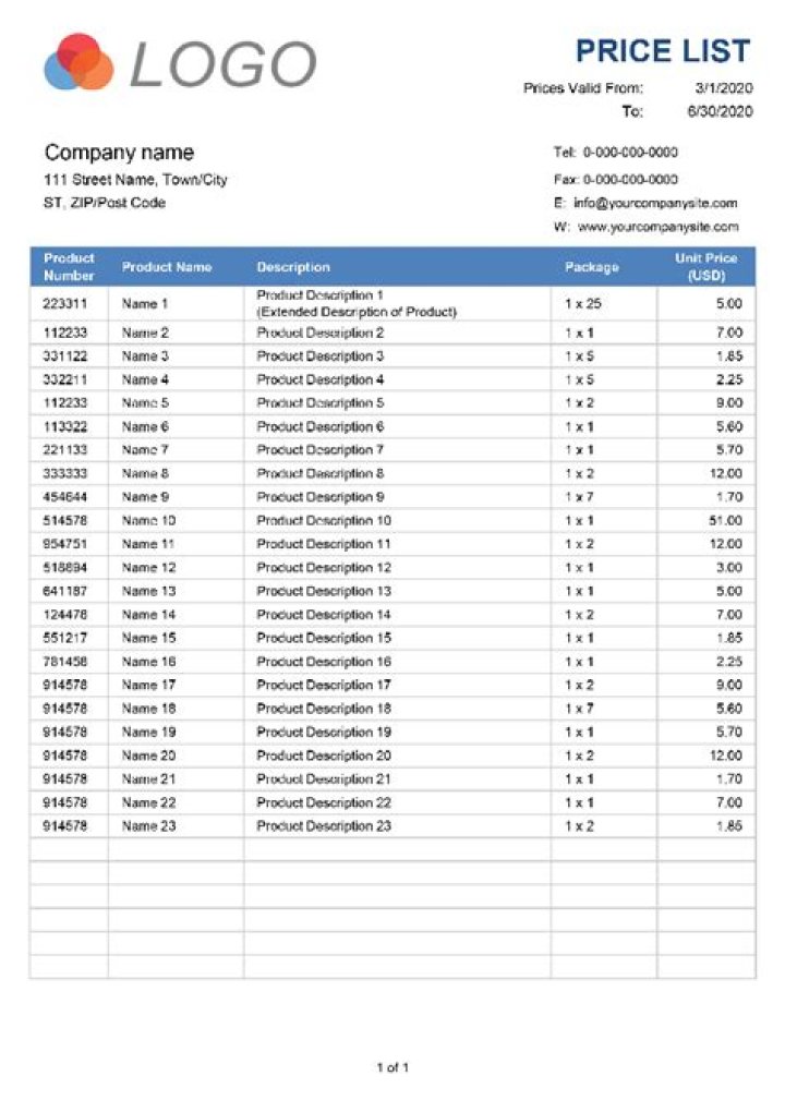Free Excel Price List Format PDF Download