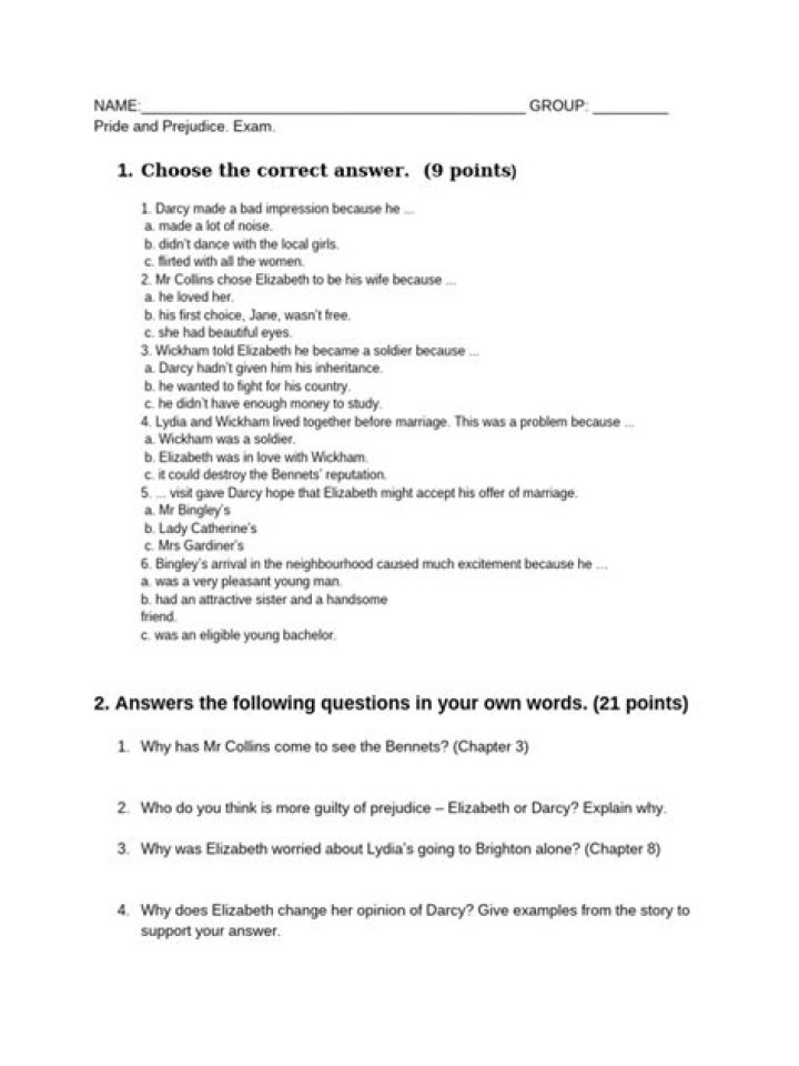 Pride and Prejudice Exam Questions PDF – Instant Study Guide