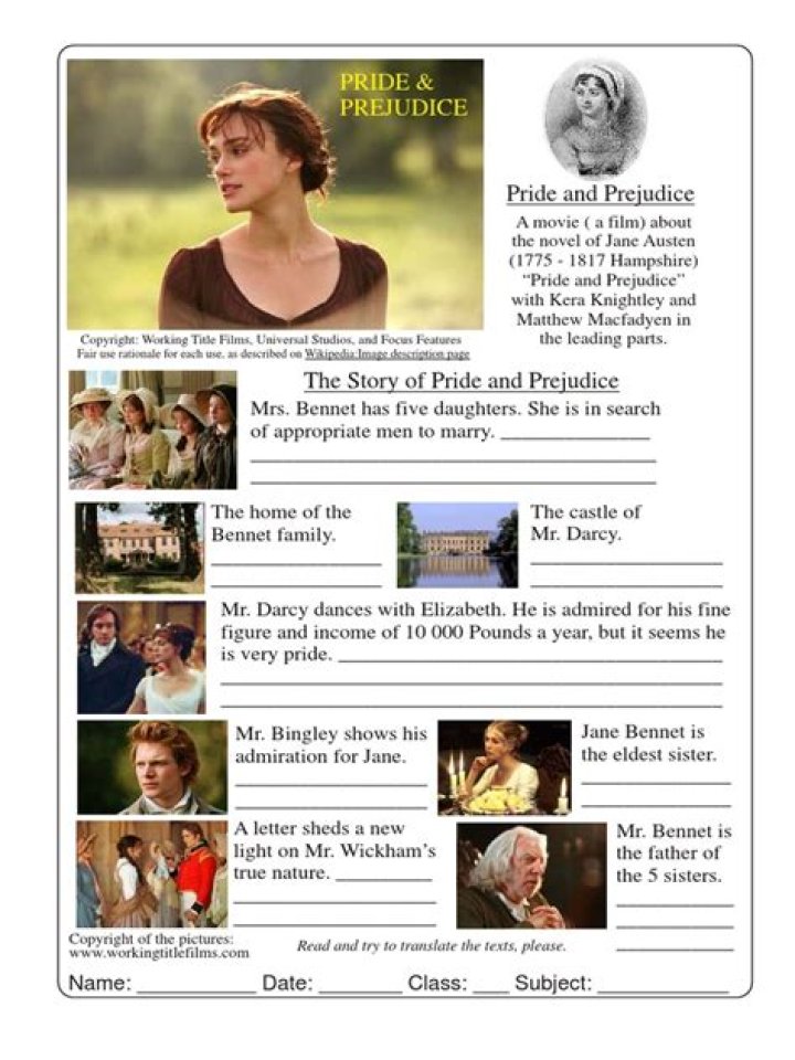 Free Pride and Prejudice Worksheets PDF for Study & Analysis