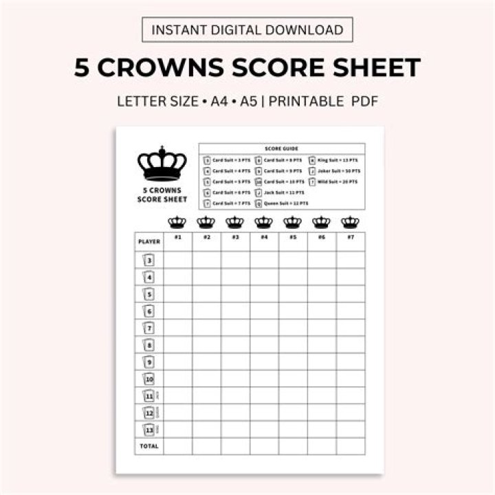 Printable 5 Crowns Score Sheet PDF for Easy Scoring