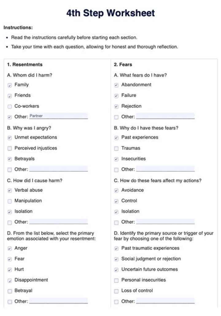 Printable A.A. 4th Step Worksheets PDF – Free Download