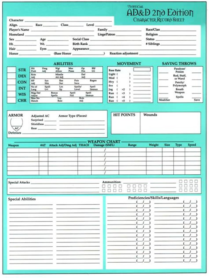 Printable AD&D 2nd Edition Character Sheet PDF – Instant Download