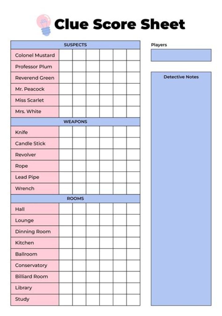 Printable Clue Game Sheets PDF – Easy Family Fun Games