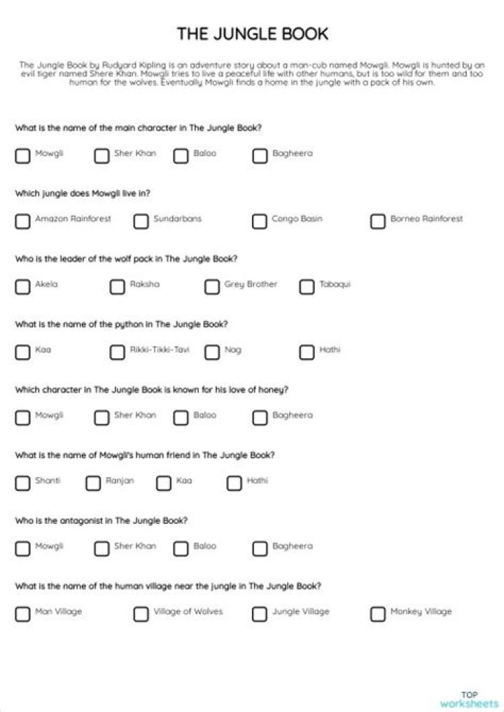 Printable Jungle Book Worksheets PDF for Kids