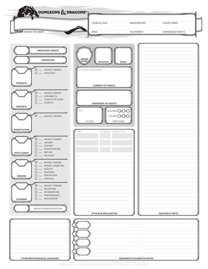 Printable PDF 5e Character Sheet for Tabletop Gamers