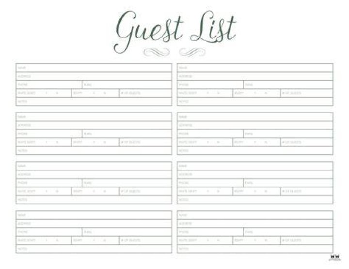 Printable Wedding Guest List Template PDF for Free Print