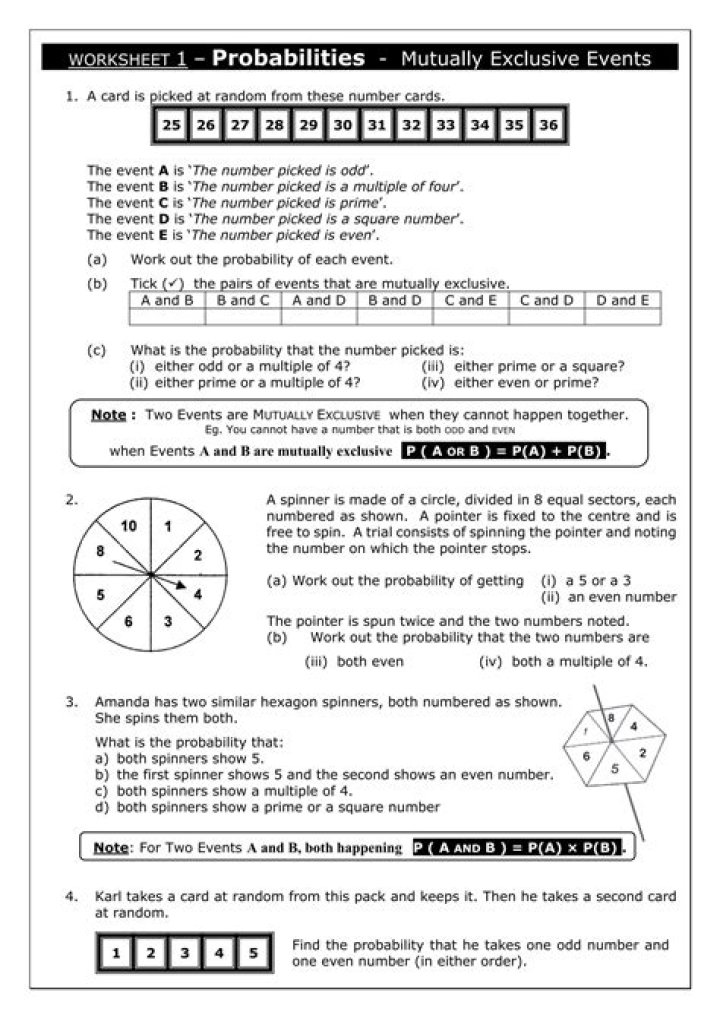 Probability of Mutually Exclusive & Inclusive Events Worksheet PDF