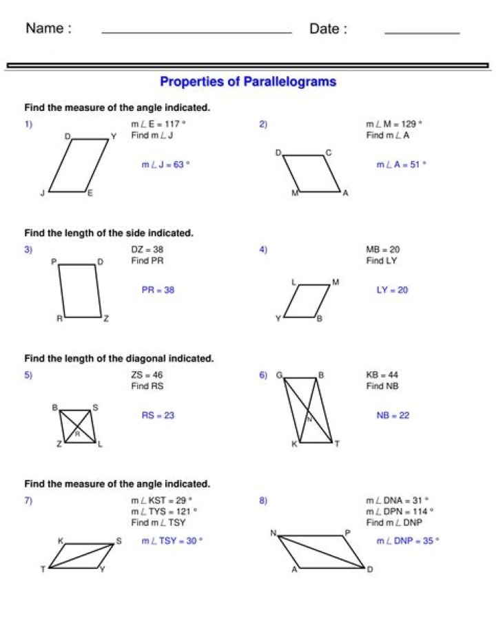 Properties of Parallelograms Worksheet PDF - Practice & Solutions