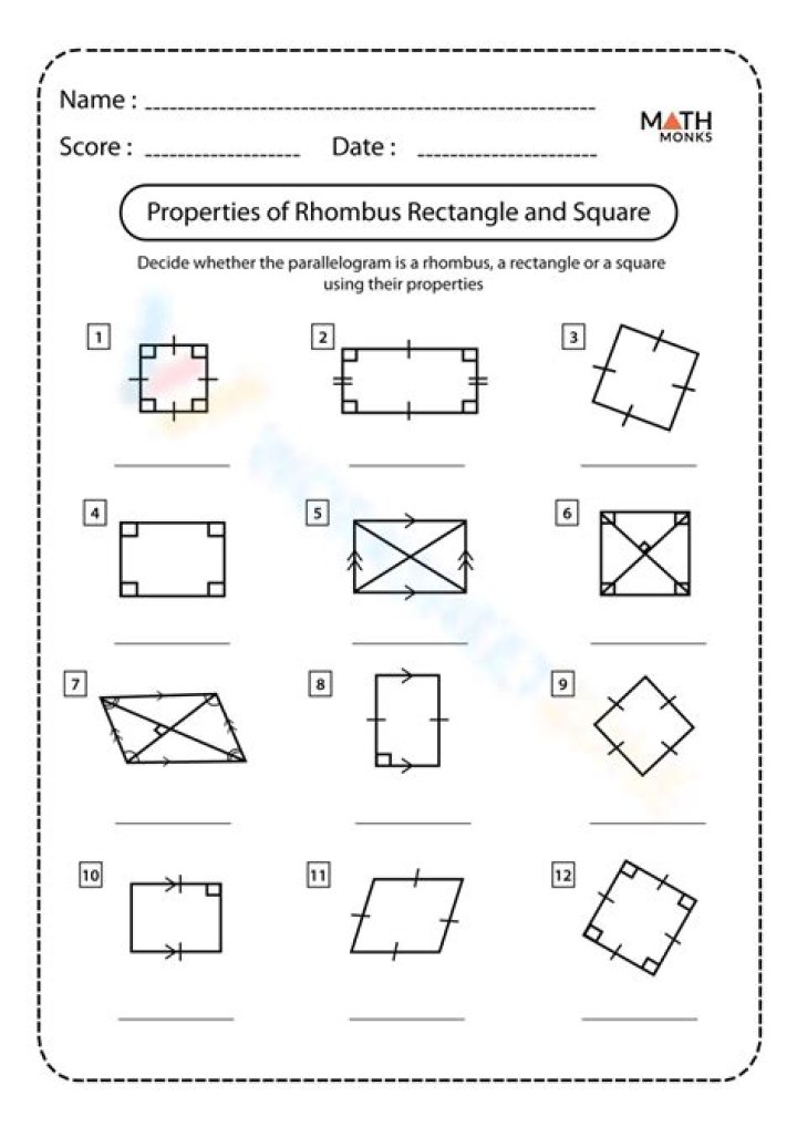 Free Properties of Rectangles, Rhombuses, and Squares Worksheet PDF for Easy Practice