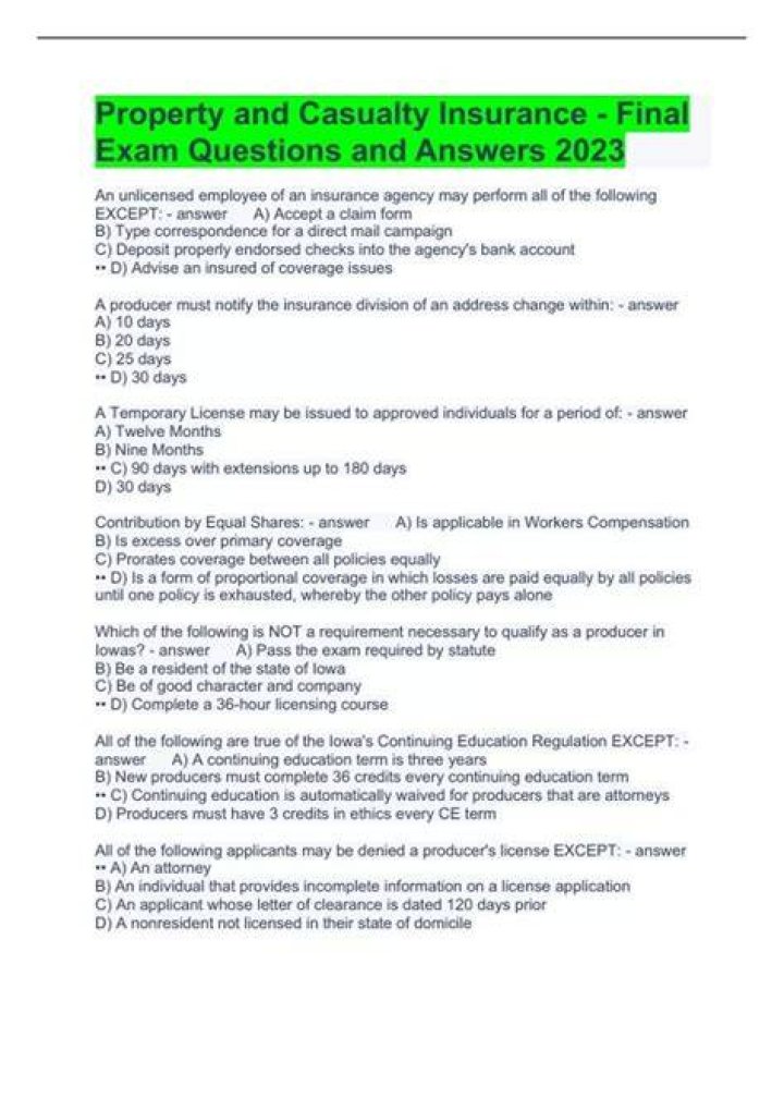 Property and Casualty Insurance Exam Questions and Answers PDF
