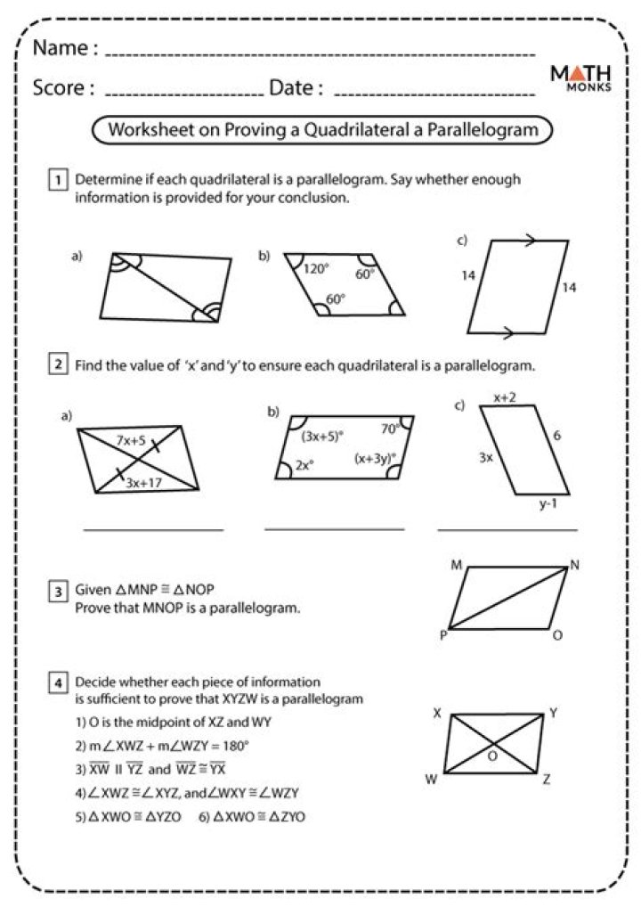Proving Quadrilaterals Are Parallelograms: Worksheet with Answers PDF