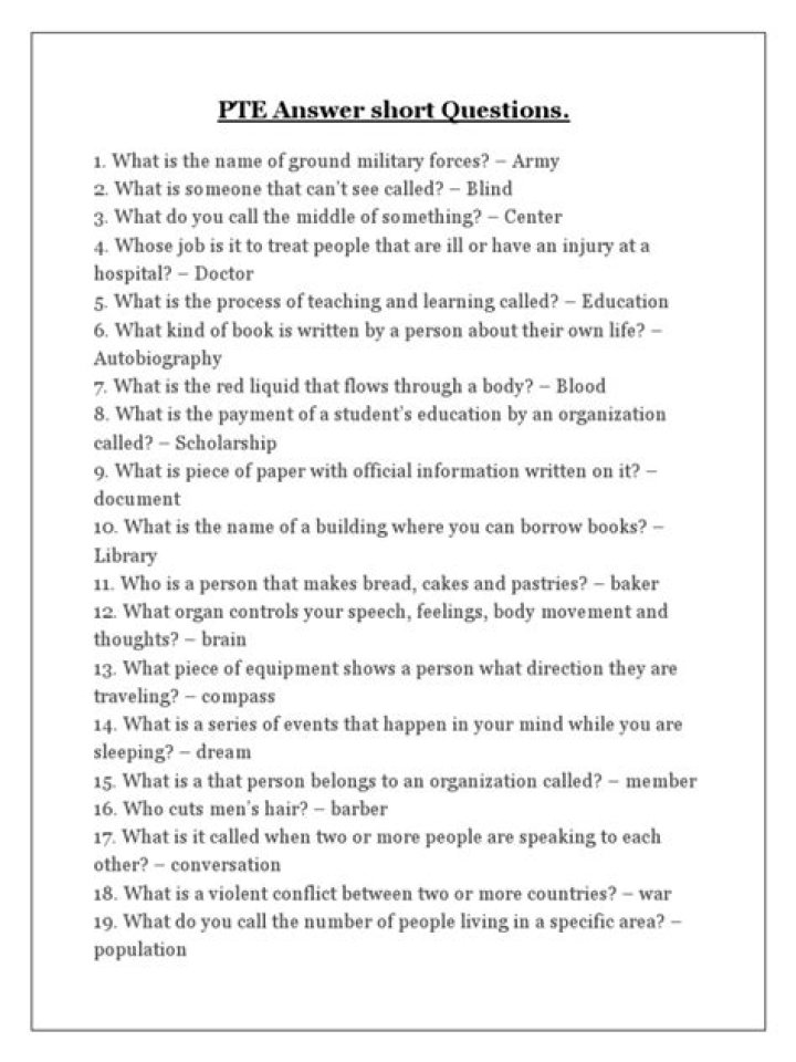 PTE Short Answer Questions with Answers PDF Download