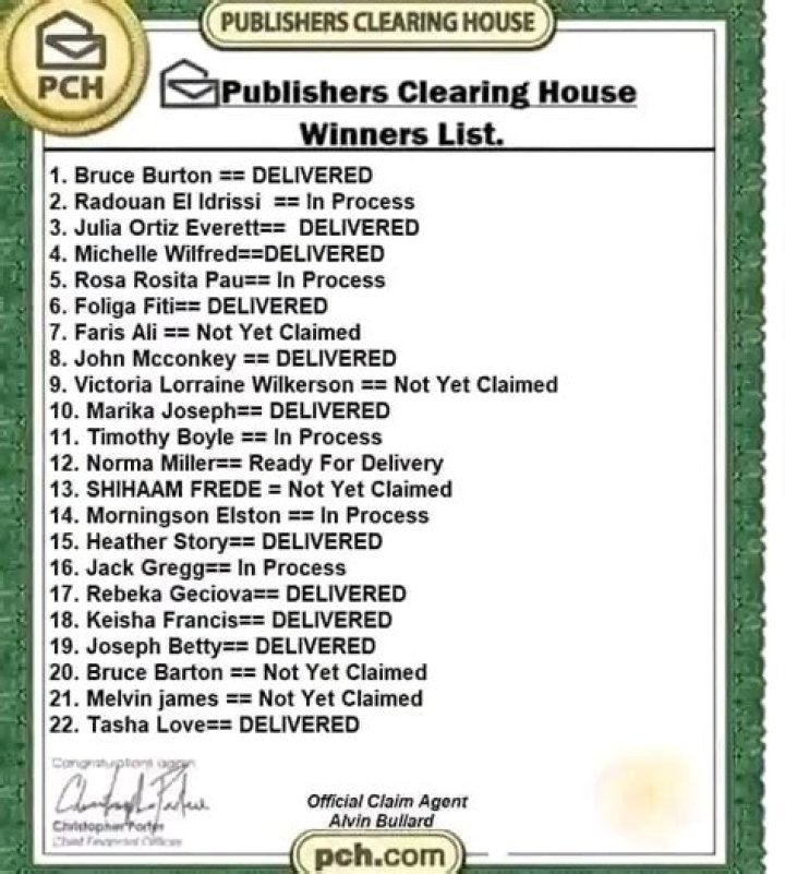 Publisher Clearing House Winners List PDF 2024