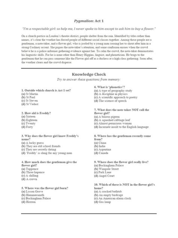 Pygmalion Act 1 Questions and Answers PDF: Essential Study Guide