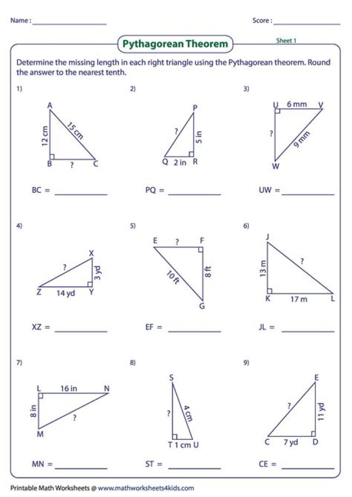 Pythagorean Theorem Worksheet Grade 7 PDF – Practice & Solutions