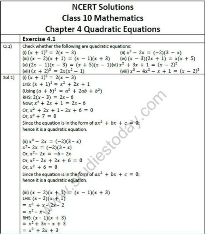 Class 10 Quadratic Equation Worksheet PDF with Answers