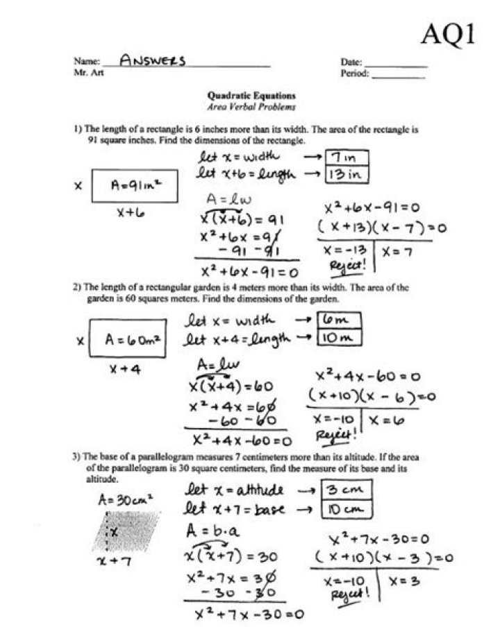 Solve Quadratic Function Word Problems with Answers PDF