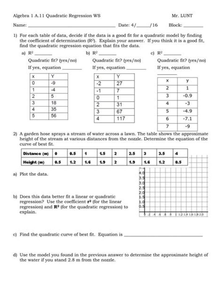 Free Quadratic Regression Worksheet PDF – Practice Regression Analysis