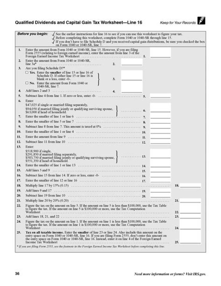 Qualified Dividends & Capital Gains Tax Worksheet Line 16: PDF Guide
