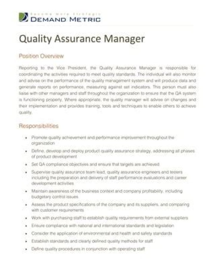 Quality Assurance Manager Job Description PDF – Full Career Guide