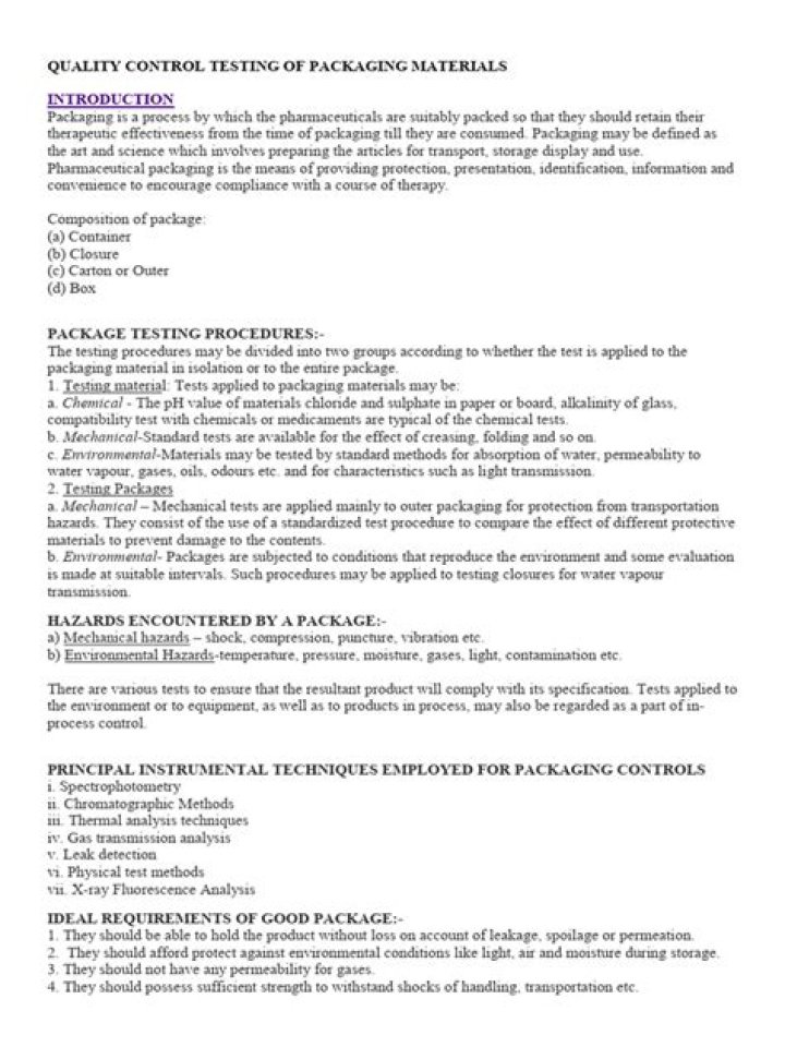 Quality Control Testing of Packaging Materials PDF – Compliance & Safety Testing