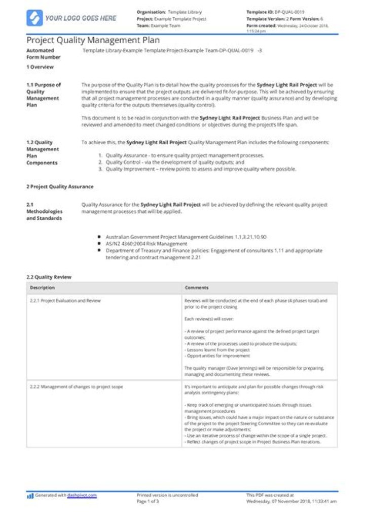 Quality Management Plan for Construction Project – PDF Template