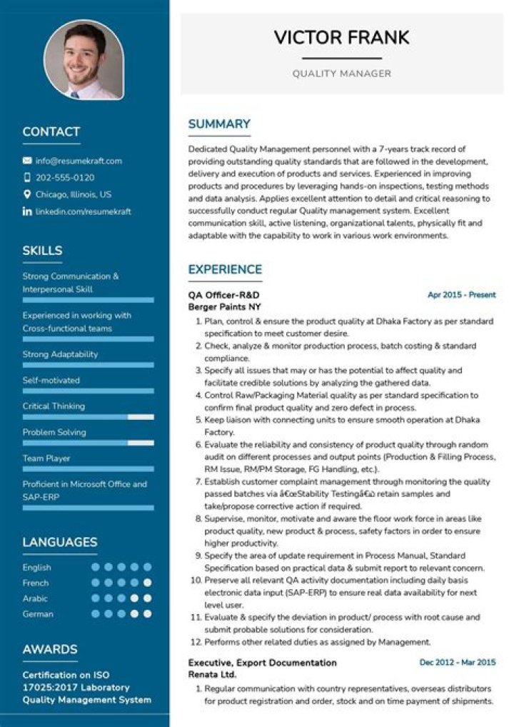 Quality Manager Resume Sample PDF for Job Applications