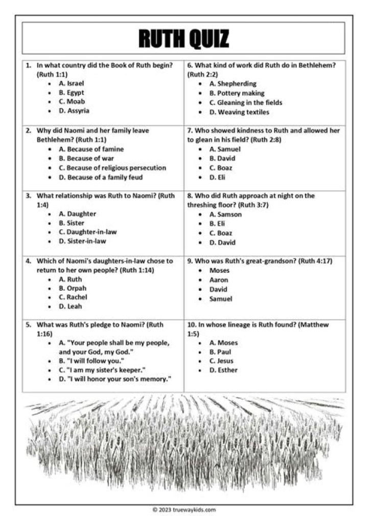 Free Quiz Questions on the Book of Ruth PDF for Biblical Study