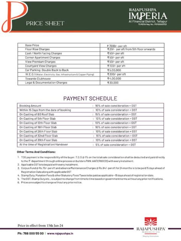 Rajapushpa Imperia Price Sheet PDF – Full Transparent Pricing & Details