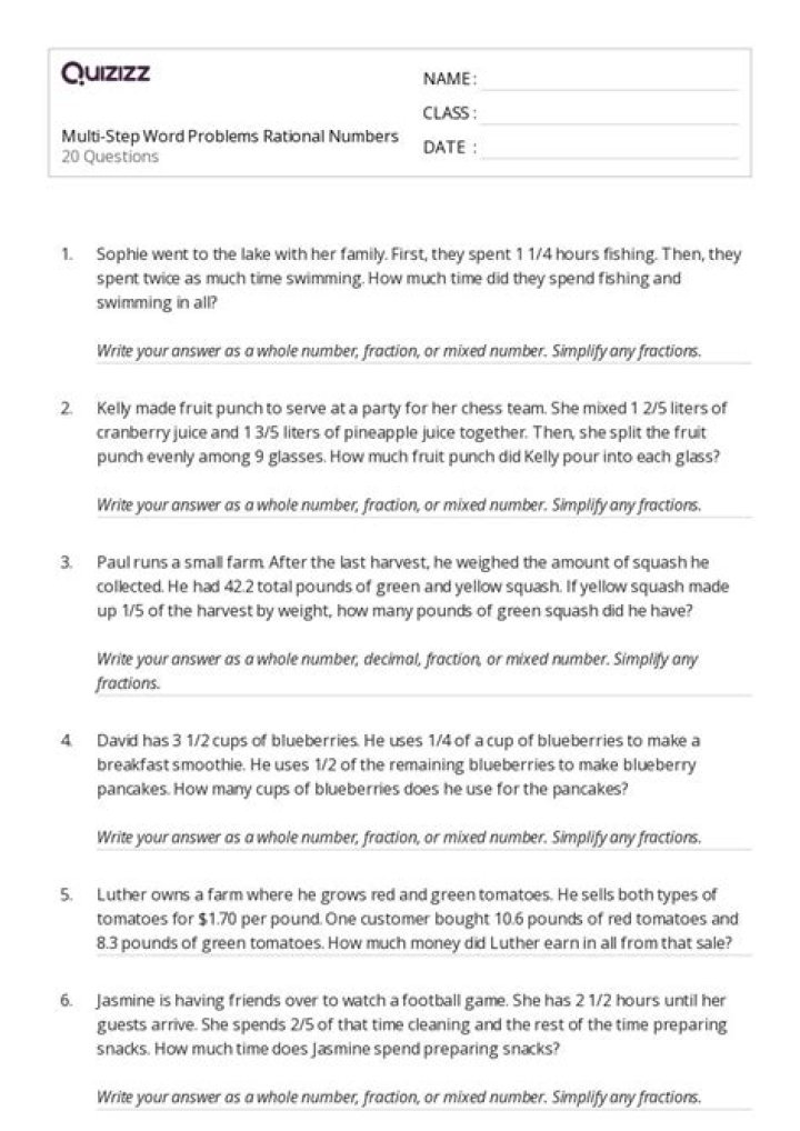 Rational Numbers Word Problems Worksheet PDF for Practice