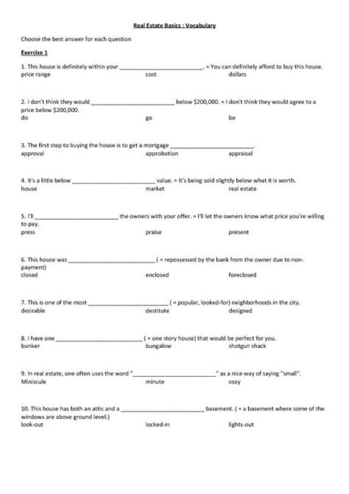 Real Estate Exam Vocabulary Worksheet PDF – Master Key Terms