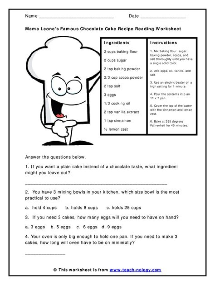 Free Recipe Worksheets with Questions PDF for Home Cooking & Classes